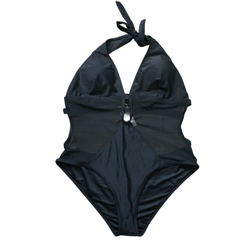Cupshe Mesh Black One Piece Swimsuit Women's XL V Neck Halter Bathing Suit NEW